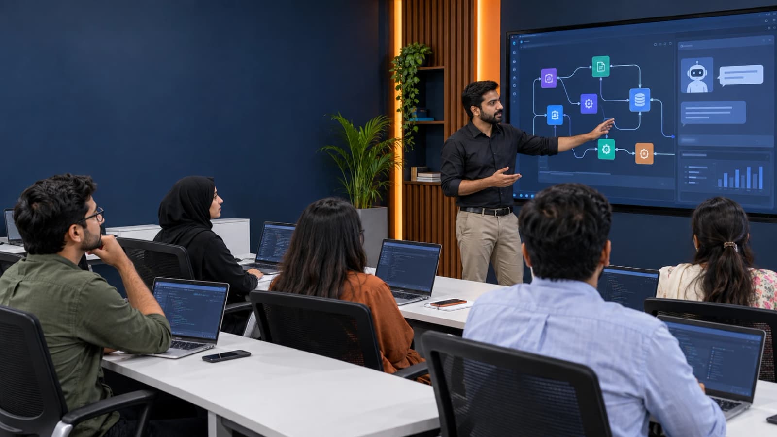 Instructor teaching practical artificial intelligence and automation workflows at RisingEdge