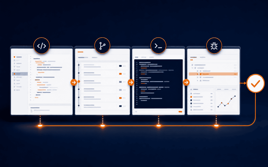 Featured image showing a connected developer environment with editor, Git, terminal, debugger, and verification stages.