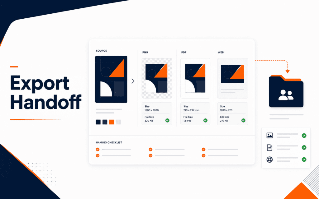 Featured image showing a graphic design export handoff dashboard with PNG, PDF, web image, size checks, and file handoff.