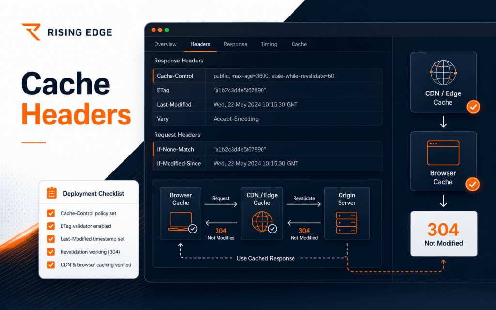 Featured image showing an HTTP cache headers dashboard with Cache-Control, ETag, revalidation, and cache layers.