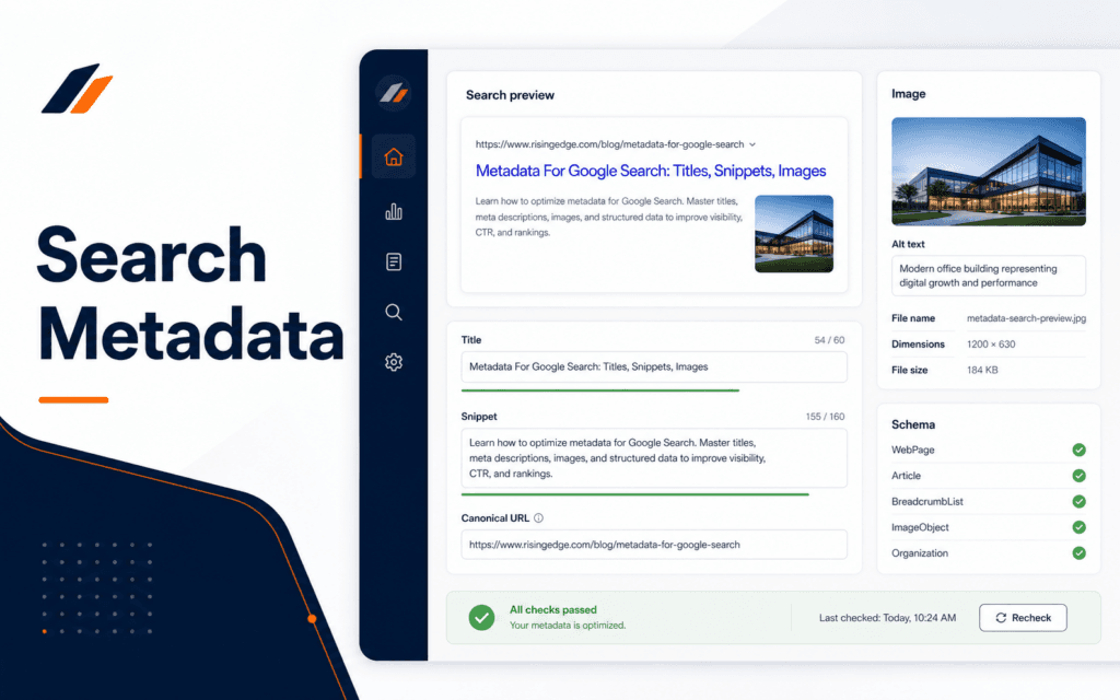Featured image showing a search metadata dashboard with title, snippet, image, and schema checks.