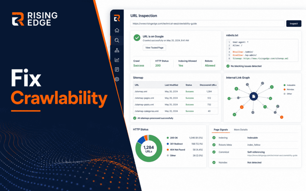 Featured image showing a technical SEO crawlability dashboard with URL Inspection, robots.txt, sitemap, internal links, and indexing signals.