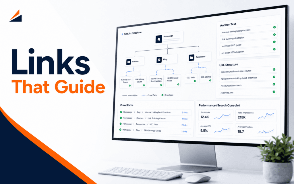Featured image showing an SEO internal linking dashboard with the label Links That Guide.