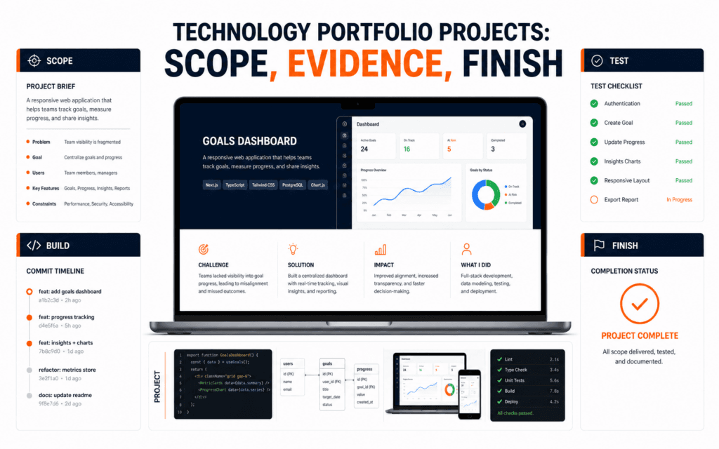 Featured image showing a technology portfolio project with scope, build, test, evidence, and completion panels.