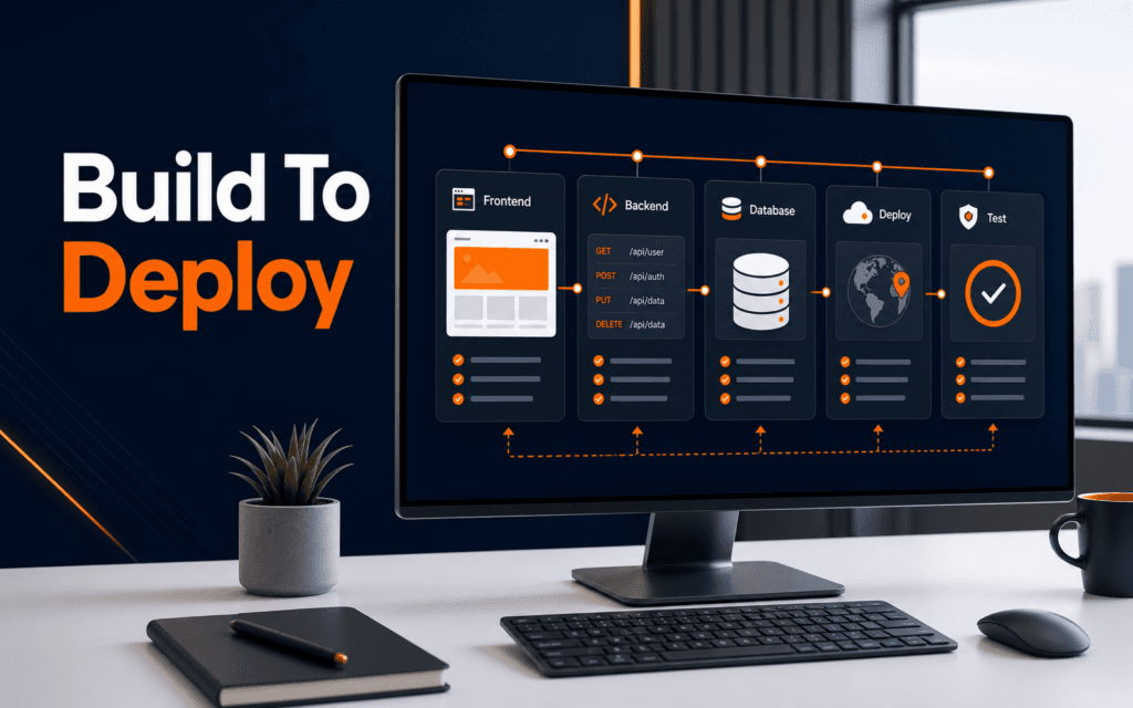 Featured image showing a web development workflow from frontend and backend to database, deployment, testing, and handoff.