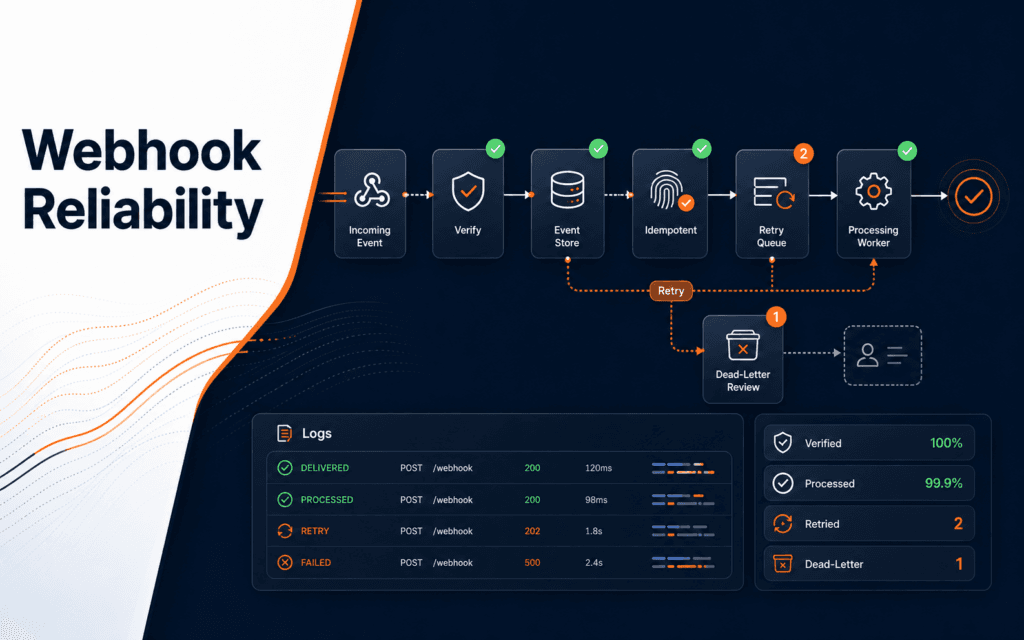 Featured image showing a webhook reliability pipeline with verification, idempotency, retries, logs, and dead-letter review.