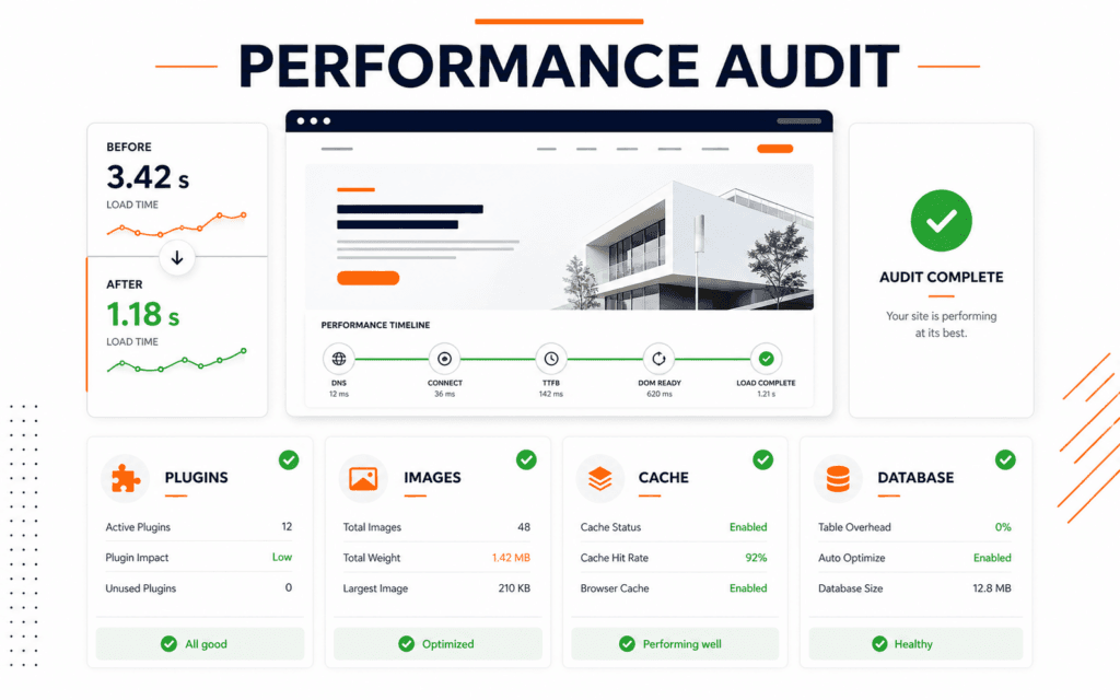 Featured image showing a WordPress performance audit dashboard for plugins, images, cache, and database health.