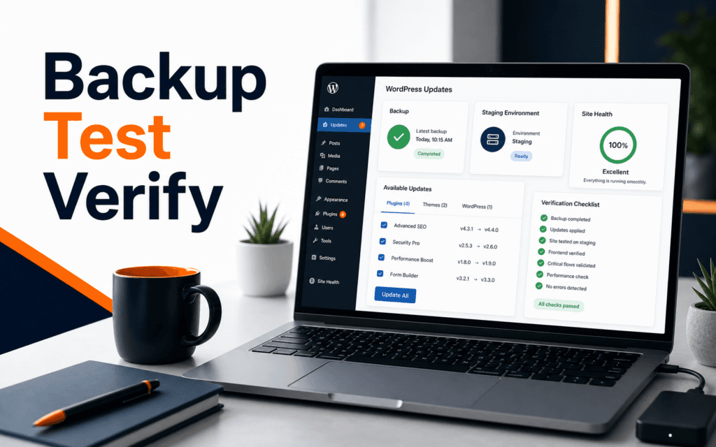 Featured image showing a WordPress update safety workflow with the label Backup Test Verify.
