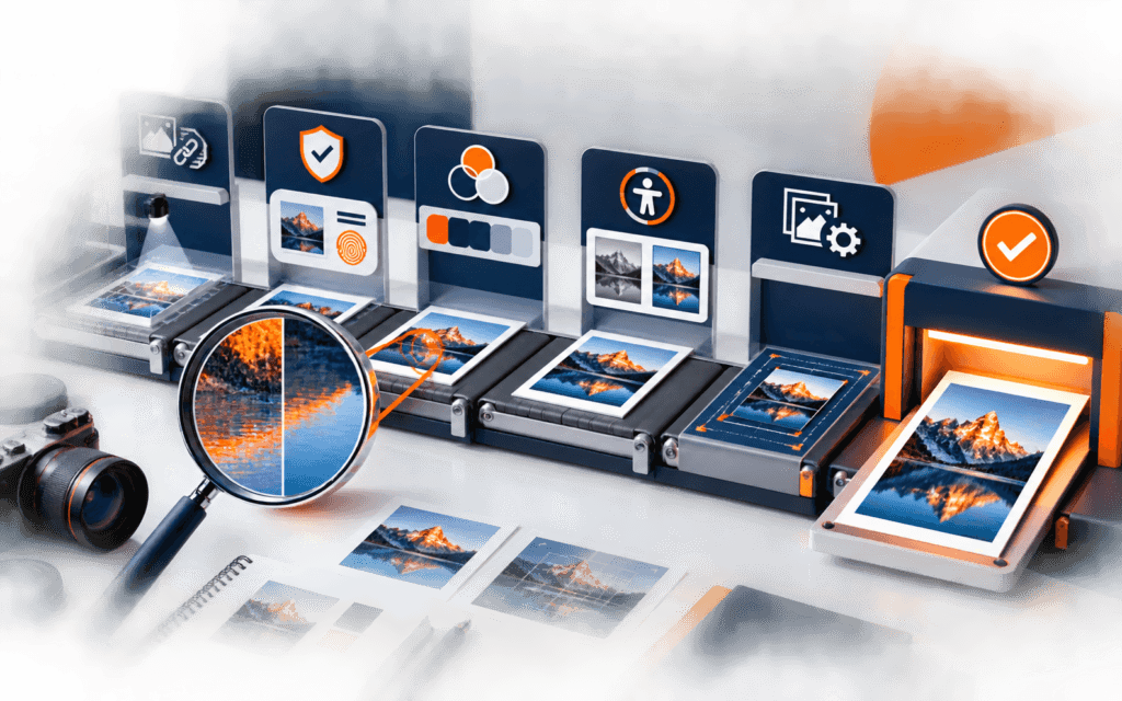 Featured image showing AI visual assets moving through provenance, rights, brand, accessibility, and export review stations.