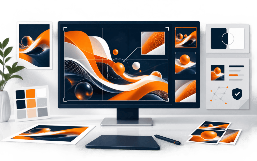 Featured image showing a professional creative workspace reviewing composition, brand colors, accessibility, provenance, and export crops.