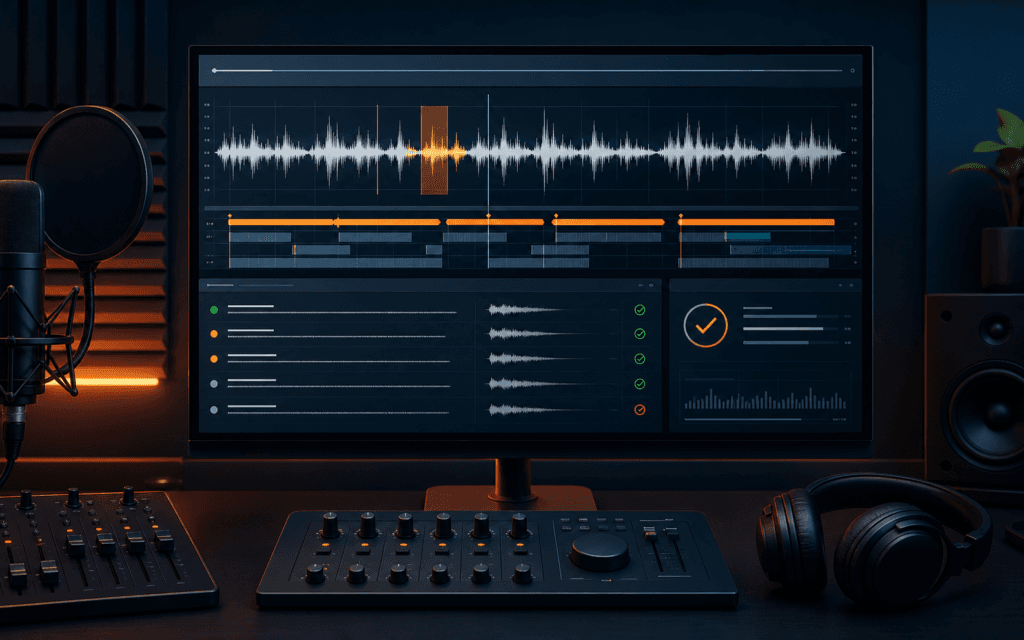 Featured image showing an AI voiceover production workstation with waveform, segment review, quality checks, microphone, and headphones.