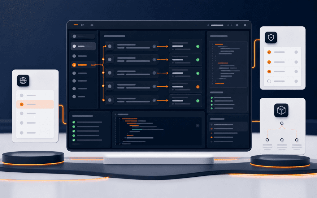 Featured image showing an API testing workspace with request flows, environments, assertions, and handoff panels.