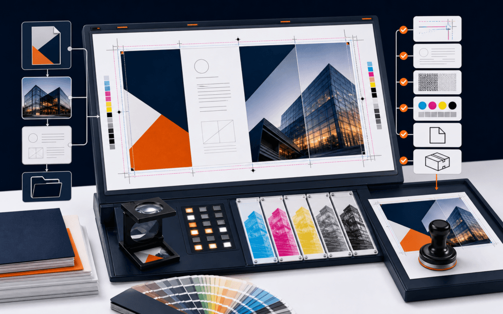 Featured image showing a commercial print layout checked for bleed, linked assets, color separations, PDF output, packaging, and proof approval.