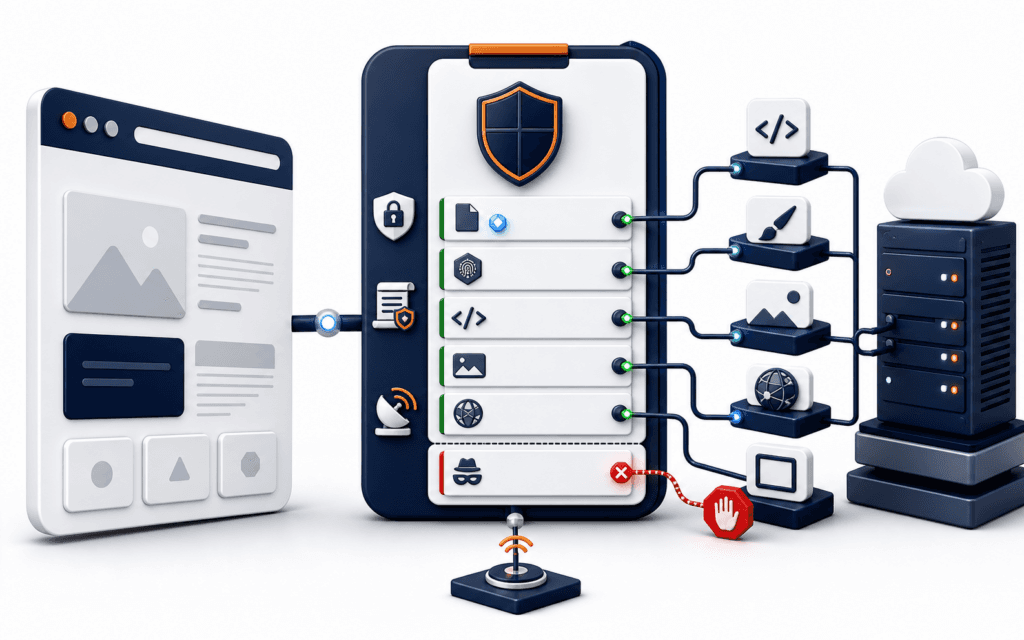 Featured image showing a browser and server connected through a Content Security Policy inspector that allows trusted resources and blocks an untrusted route.