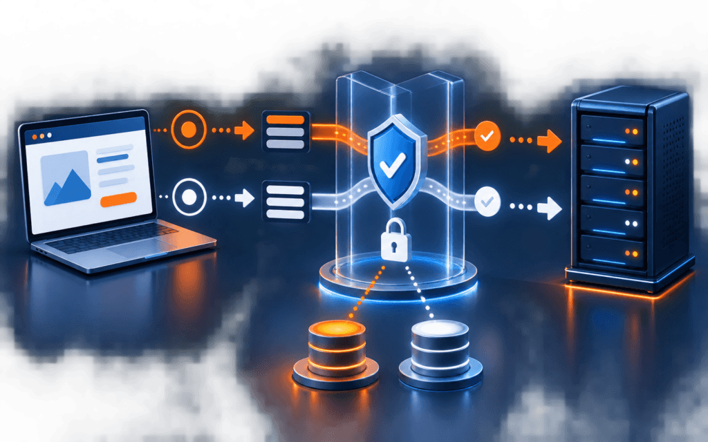 Featured image showing a browser and API server connected through a CORS validation gateway with two request paths and separated cache variants.