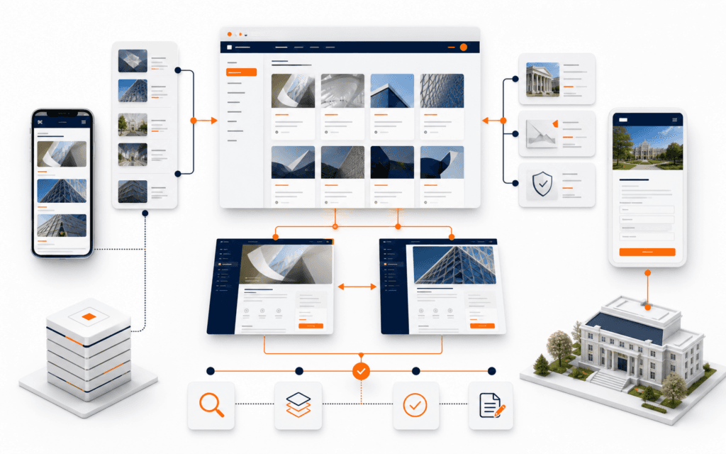 Featured image showing a course website information architecture linking catalog discovery, course comparison, details, and admissions across desktop and mobile.