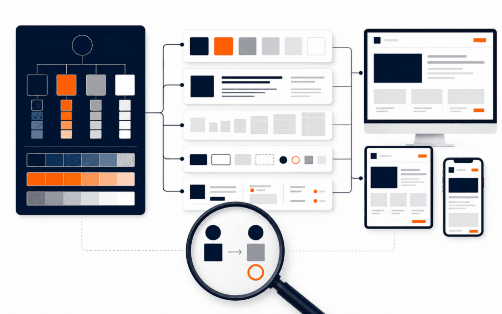 Featured image showing design tokens branching into color, typography, spacing, component states, and responsive layouts under an audit lens.