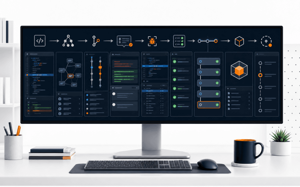 Featured image showing a development toolchain from source editing and Git through debugging, tests, continuous integration, build, and rollback.