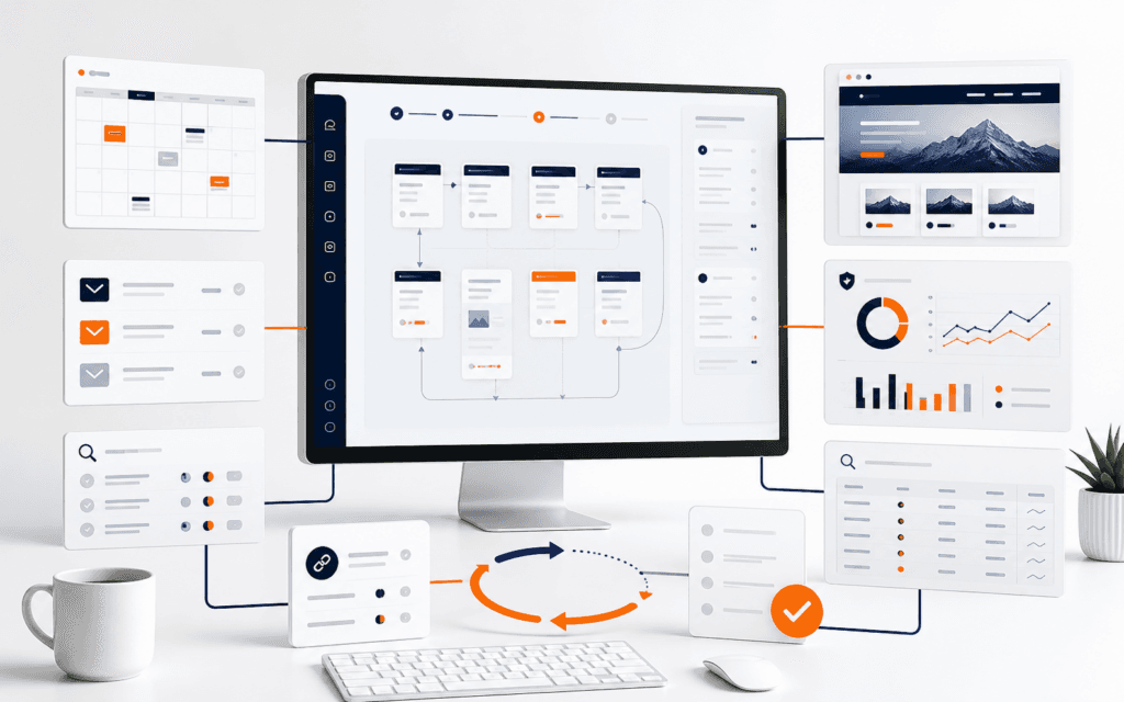 Featured image showing a connected digital marketing workflow for planning, publishing, analytics, search performance, and improvement.