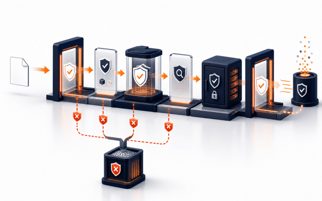 Featured image showing a file passing through validation, quarantine, scanning, private storage, delivery, and cleanup security gates.