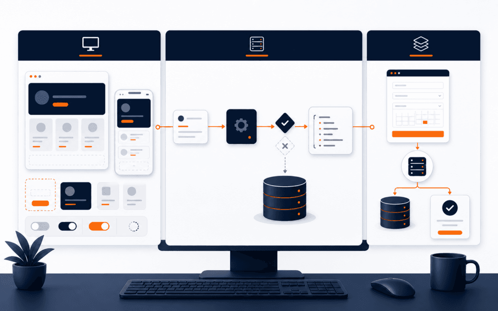Featured image comparing frontend interface components, backend API and database flow, and a full-stack application workflow.