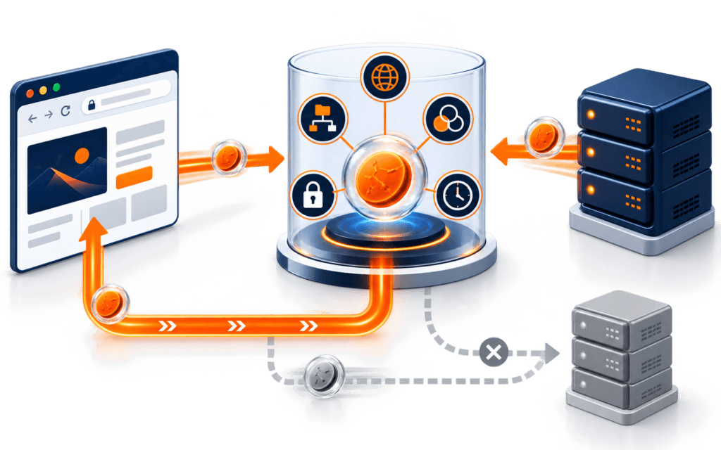 Featured image showing a browser and server exchanging a cookie token through controls for domain, path, site context, security, and expiry.