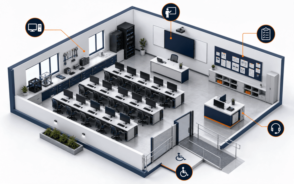 Featured image showing an accessible computer lab with audit markers for equipment, instructor, student projects, and learner support.