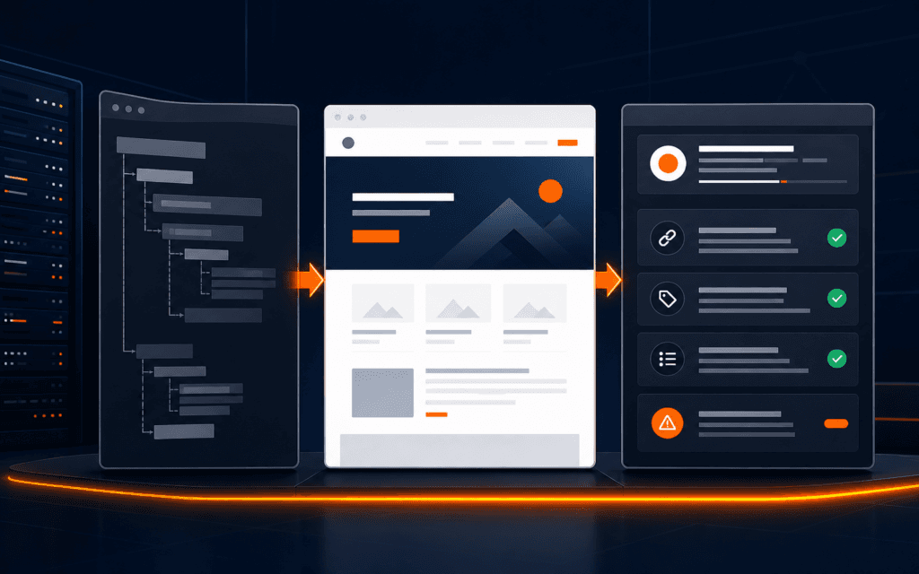 Featured image showing server HTML, a rendered webpage, and a search inspection panel connected in a JavaScript SEO quality review.