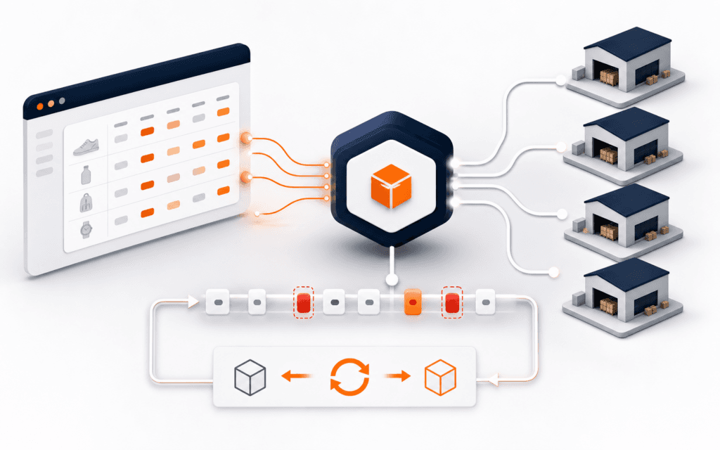 Featured image showing inventory events flowing through multiple location records, drift detection, and a reconciliation loop.