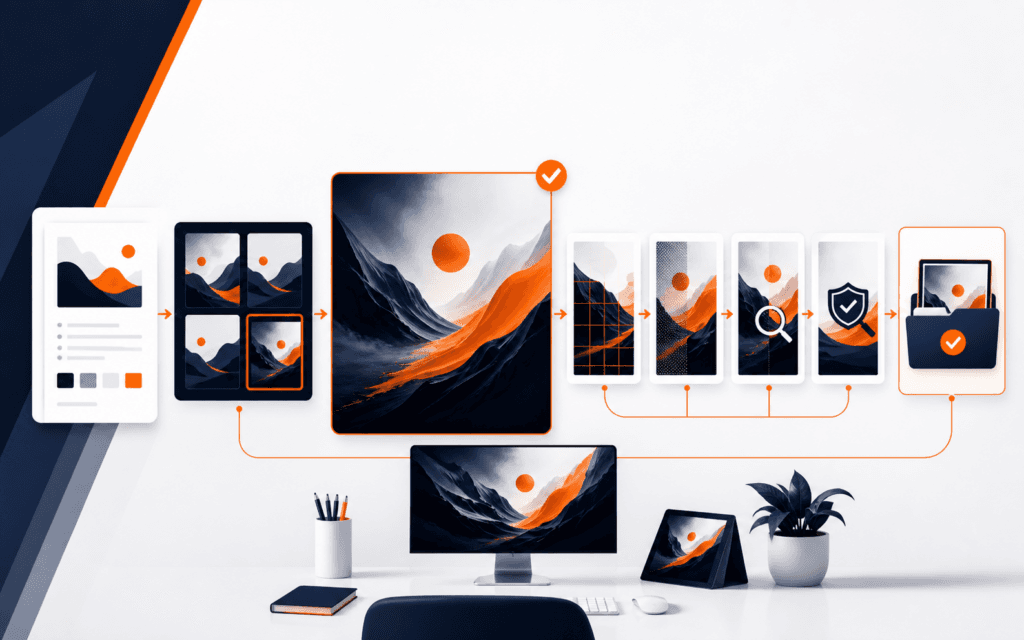 Featured image showing responsible AI visual asset production from brief and image variants through review, provenance, QA, and release.