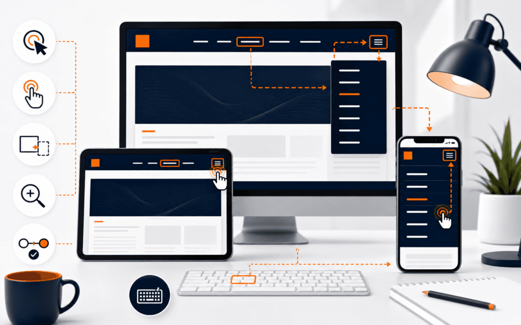 Featured image showing one navigation interface tested across desktop, tablet, phone, keyboard, touch, resize, and focus states.