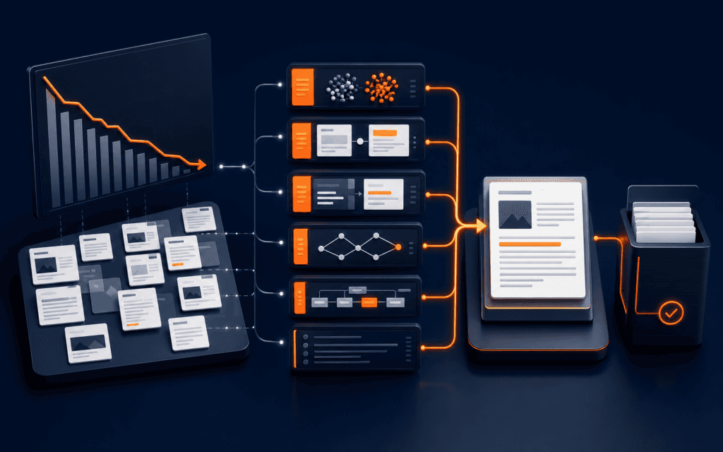 Featured image showing an SEO content decline analyzed through evidence modules and converted into a controlled update.