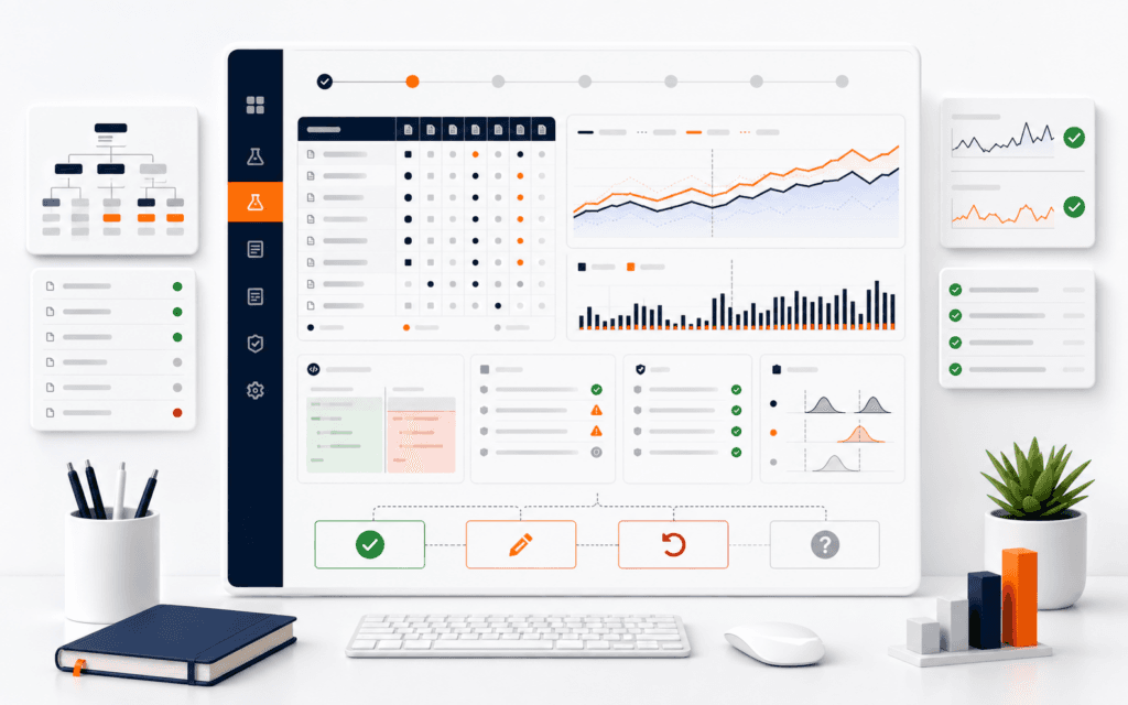 Featured image showing an SEO experiment log with page cohorts, search performance charts, verification checks, risks, and decision states.