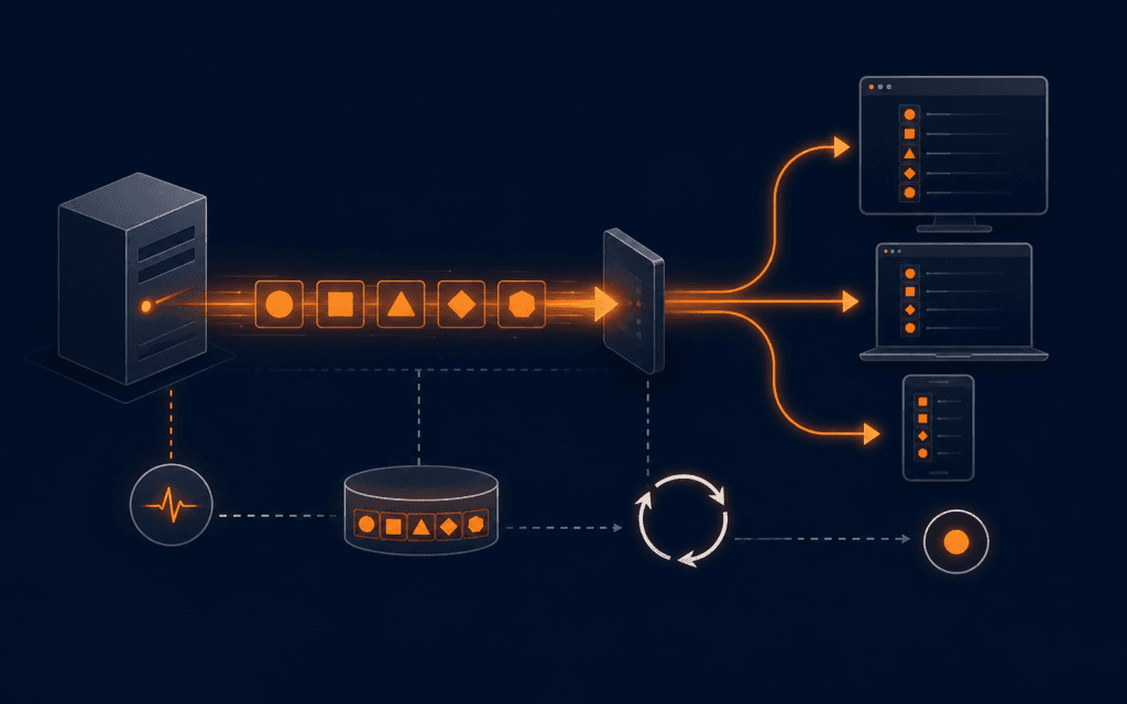 Featured image showing a server streaming identified event packets through a proxy to browsers with replay, heartbeat, and reconnect paths.