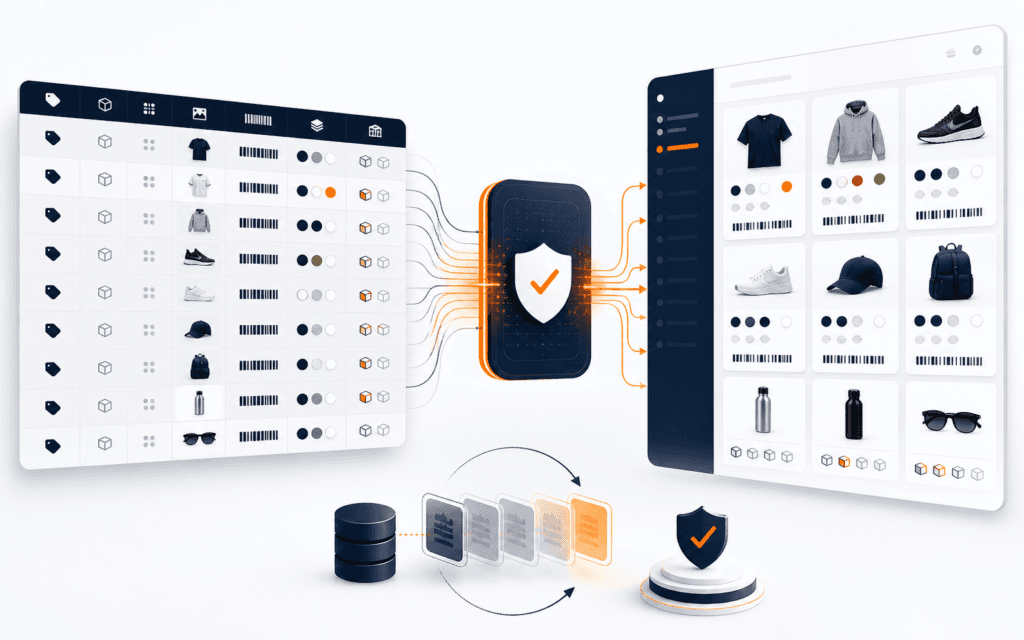 Featured image showing structured product rows passing through a validation gateway into an ecommerce catalog with variants, images, and inventory.