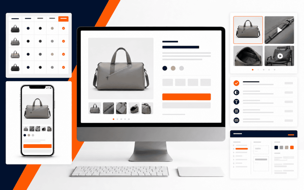 Featured image showing a product page, variant matrix, mobile preview, accessibility checks, and development handoff evidence.