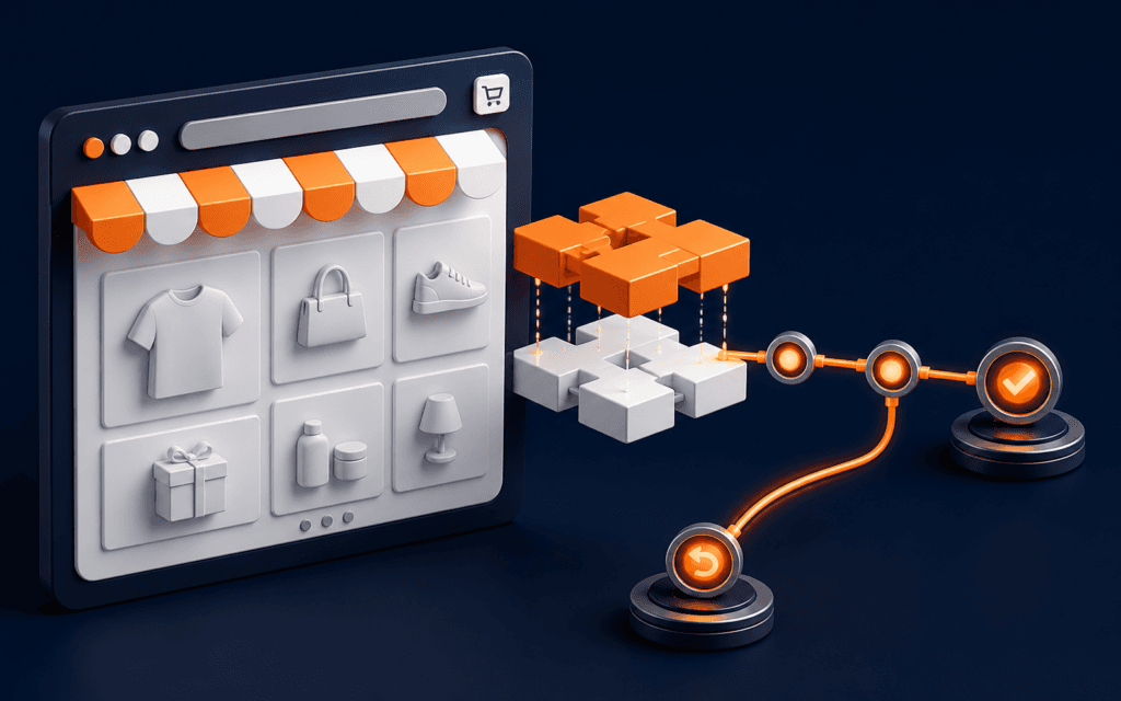 Featured image showing modular storefront extension blocks connected to compatibility, release, and rollback stages.
