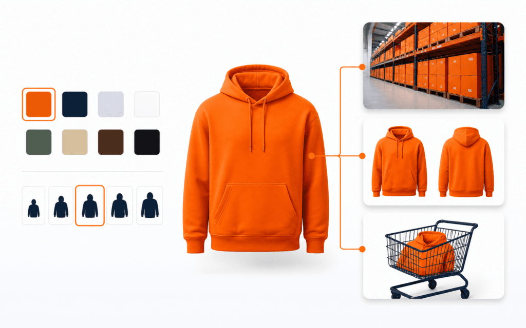Featured image showing one apparel variant selection synchronized with inventory, product media, and the shopping cart.