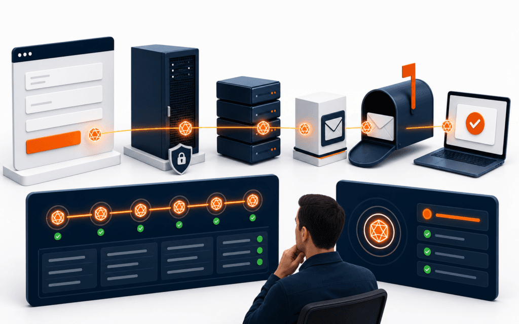 Featured image showing a website form delivery evidence chain through server, queue, SMTP gateway, mailbox, and monitoring dashboard.