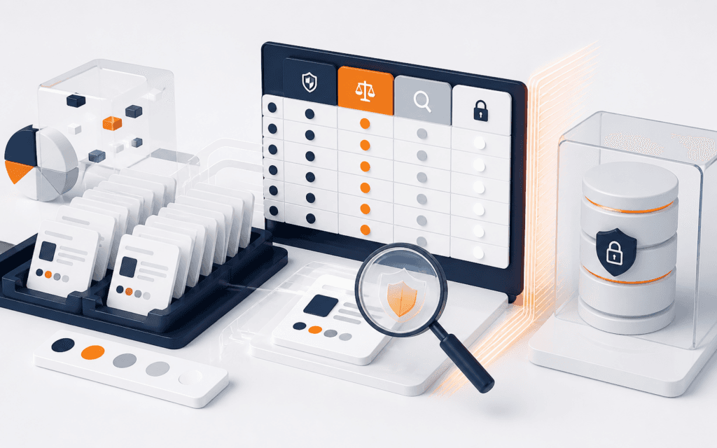 Featured image showing synthetic AI test cases, a scenario coverage matrix, privacy inspection, and a protected holdout dataset.