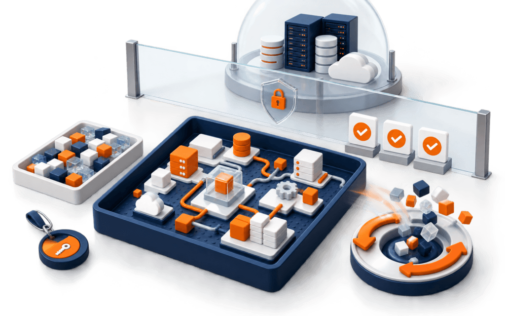 Featured image showing a resettable technology practice sandbox with scoped access, sample-data blocks, evidence checks, and a protected production boundary.