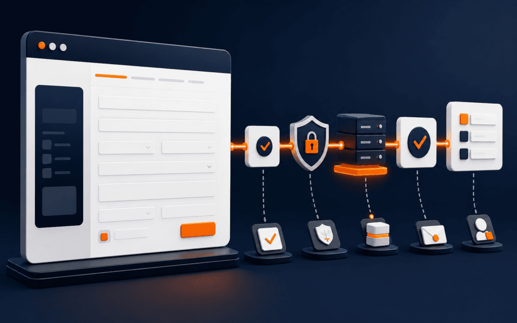 Featured image showing a course registration page connected to validation, privacy, secure processing, confirmation, and follow-up.