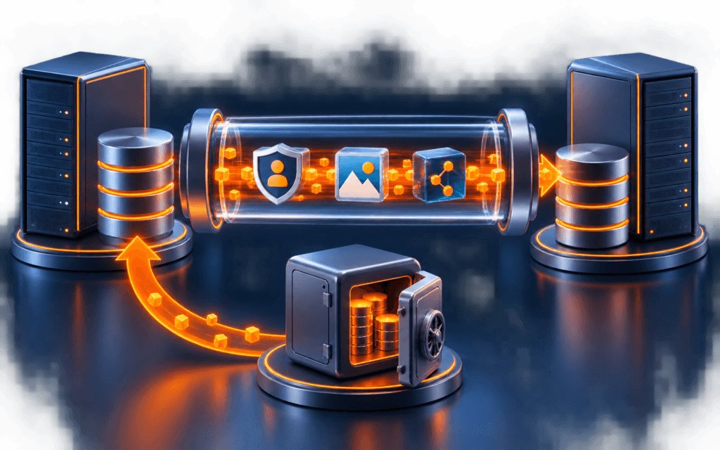 Featured image showing a WordPress database migration with source and target servers, validation, users, media, backup, and rollback controls.