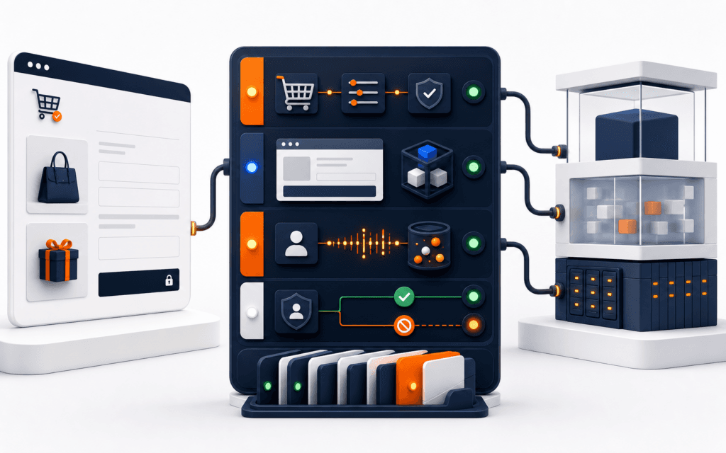 Featured image showing an ecommerce checkout connected to server-side rules, interface extensions, customer-event diagnostics, and privacy consent controls.
