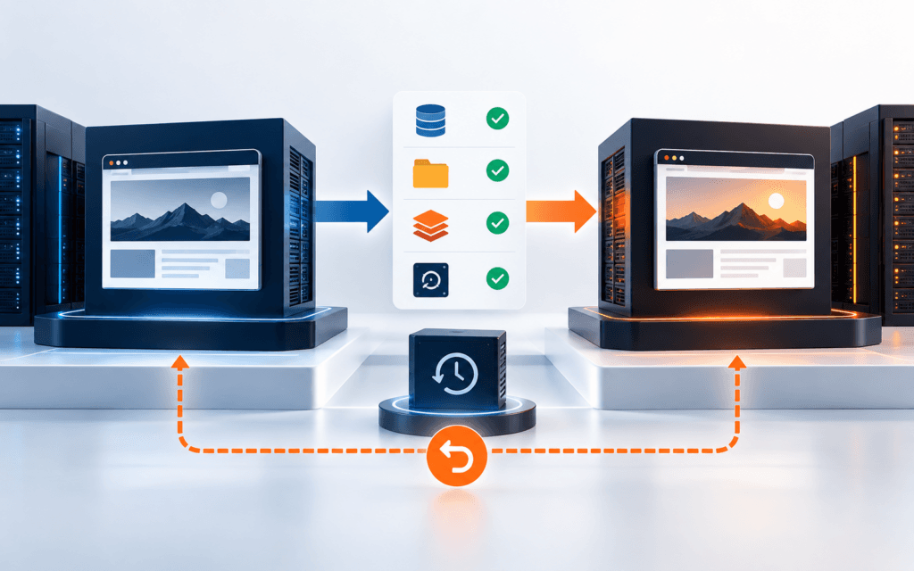 Featured image showing a gated WordPress staging-to-production deployment with database, media, cache, backup, and rollback checks.