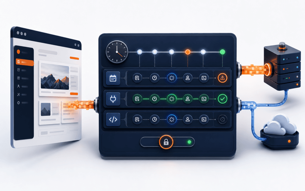 Featured image showing a WordPress scheduled-task diagnostics console with timing, event queues, spawn paths, a lock, one missed event, and one successful event.