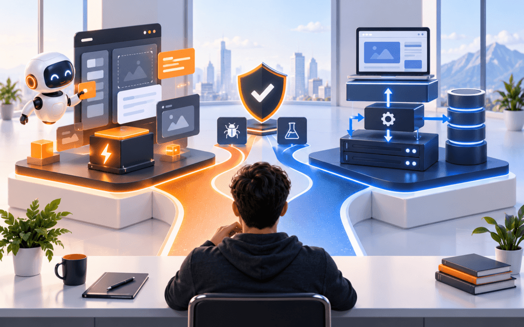 Featured image illustrating vibe coding or full-stack development: what should a beginner learn first.